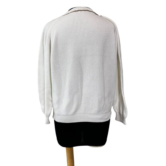Brunello Cucinelli Womens White Knit Sweater With Metallic Trim Detail Size L Ma - Picture 3 of 11